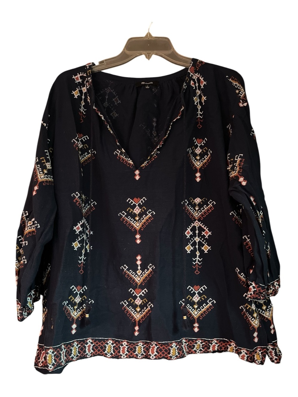 Madewell Navy Marta Folkstitch Embroidered Boho Peasant Blouse Top Popover